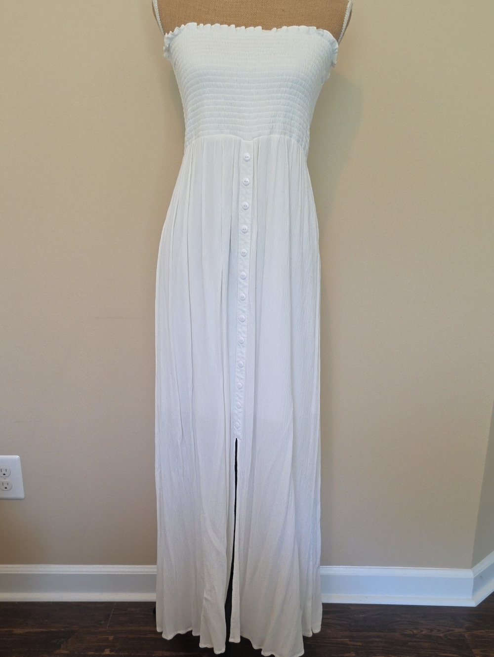 VENUS White Strapless Smocked Maxi Dress with Front Buttons